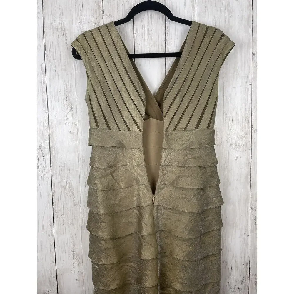 Adrianna Papell Dress Size 4 Gold Beige Shimmer Panels Tiered Ruffles Party Glam